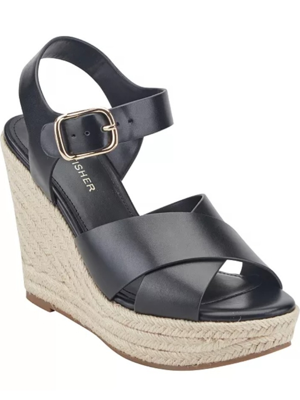 Marc Fisher Black Espadrille Wedge Sandal with Gold Buckle